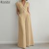 Womens Casual Turn Down Collar Loose Sleeveless Wide Leg Jumpsuits