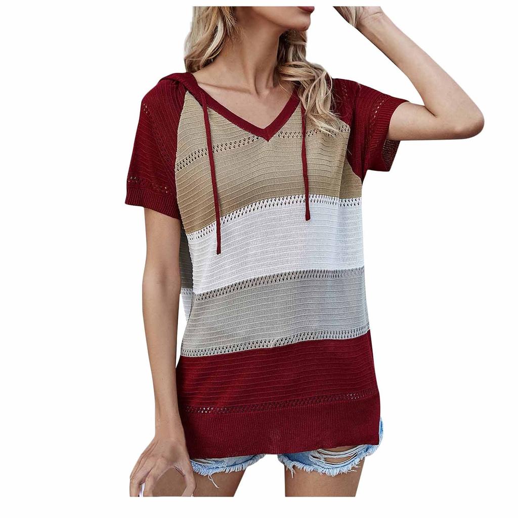 Женский повседневный модный и удобный пуловер с капюшоном и короткими рукавами, топ, разноцветный полосатый вязаный свитер