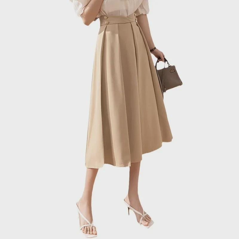 2024 Women's Summer A-line Pleated Midi Skirt - High-waisted, Hip-covering, Slimming Fit