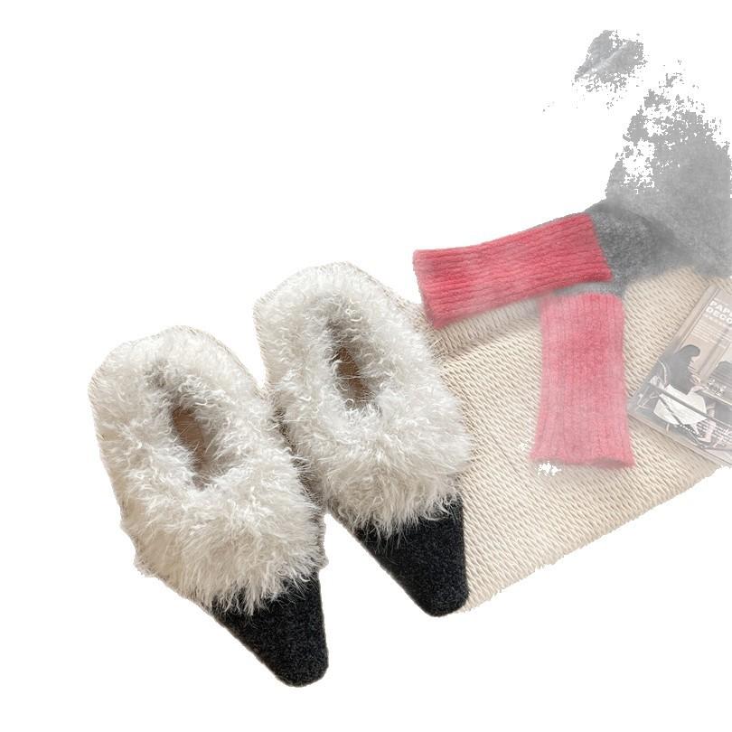 Корейская версия плюшевых туфель с квадратным носком, одинарные туфли женские 2025, теплые хлопковые туфли, французский толстый каблук, ретро черные туфли из маленькой кожи