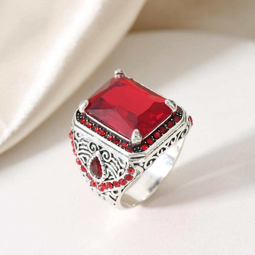 Ретро этнические мужские кольца: Инкрустация красным и зеленым цирконием, корейский стиль моды