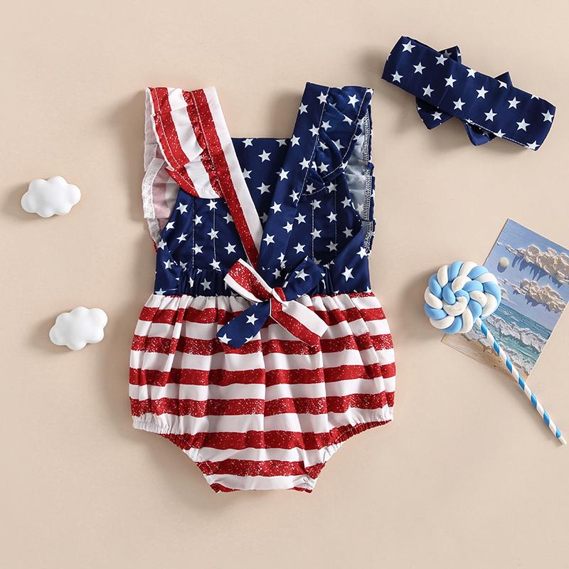 Citgeett Summer Independence Day Infant Baby Girl Outfits Sleeveless Backless Ruffle Bodysuit Headband Clothes Set