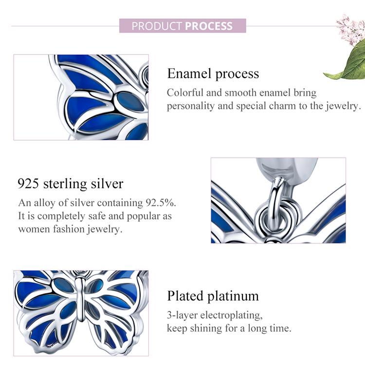 BAMOER Authentic 925 Sterling Silver Butterfly Dangle Charms Blue Enamel Beads Fit Original Bracelet