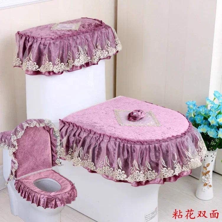 Вышитый край кружевной коврик для унитаза из 3 частей осенне-зимний бархатный чехол для унитаза U-образная молния сиденье для унитаза юбка стиль подол