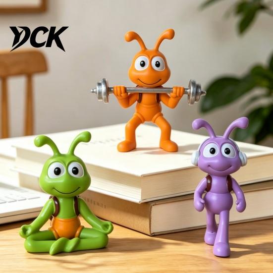 Cute Cartoon Animal Desk Accessories Fitness Ant Resin Figurines, Meditation Weightlifting Headphones Walking Decorative Figures for Indoor