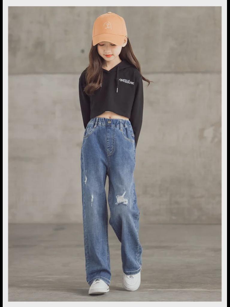 Весенние широкие джинсовые брюки для девочек 2022 года — корейский стиль, средние/большие размеры, идеально подходят для весны и осени