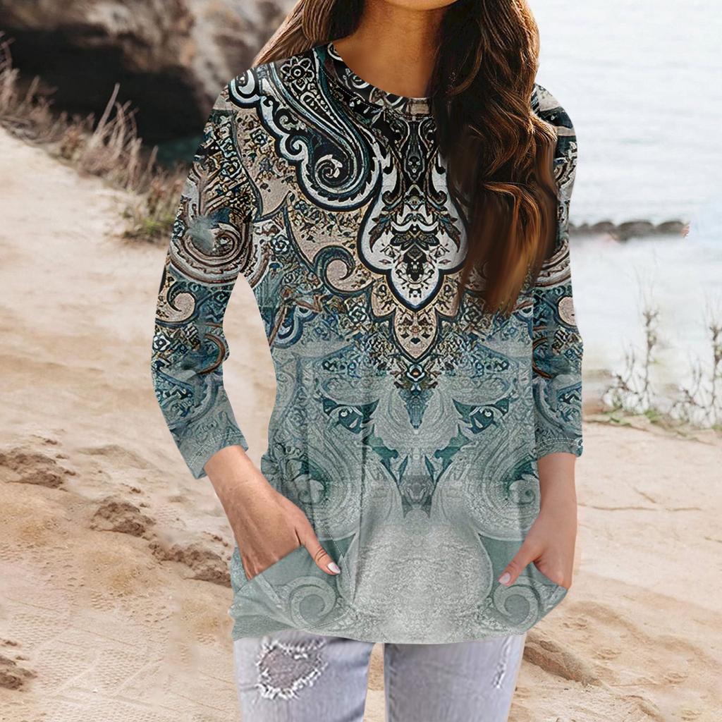 Женская модная повседневная футболка с карманом и круглым вырезом с рукавами 3/4 и топом