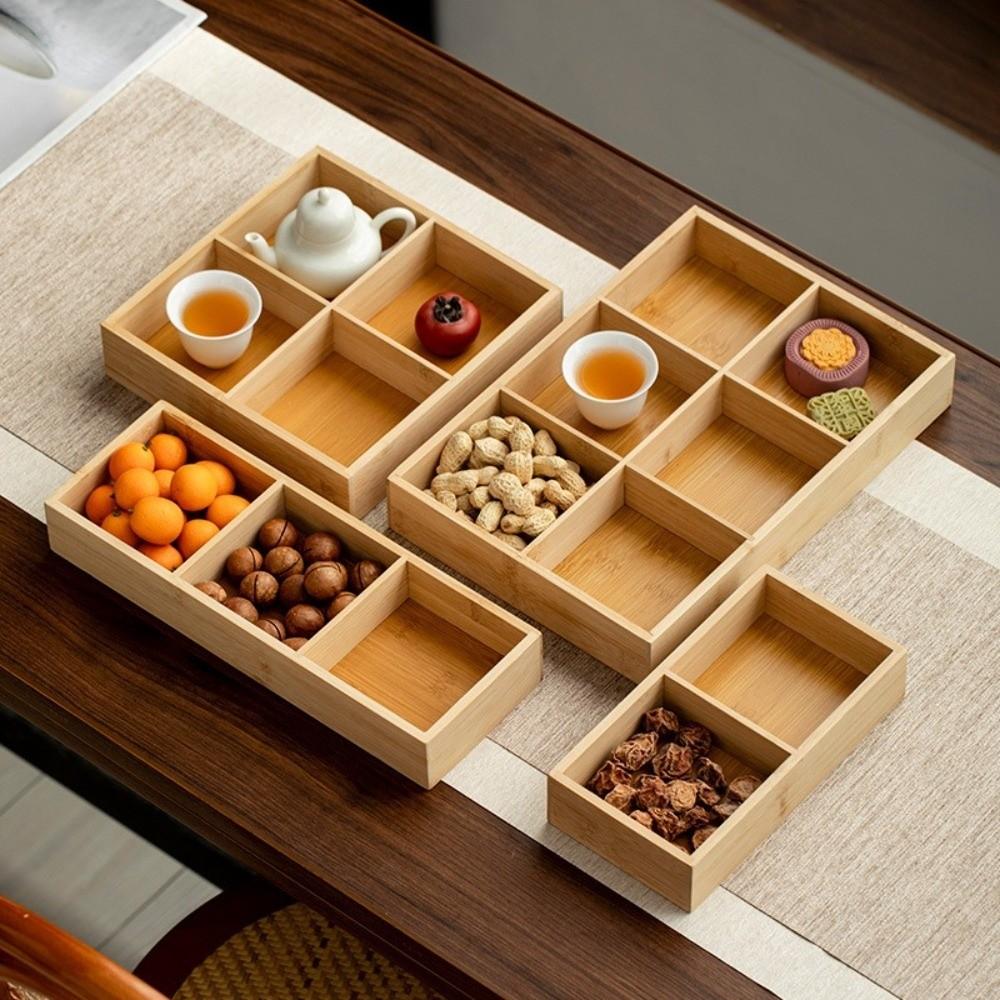 Multi-Grid Divided Plate Wooden Snack Storage Tray Reusable Bamboo Tray Candy