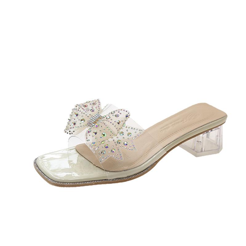 Women Crystal Chunky Sandals New Summer Sexy Fashion Bows Shining Open Toe Sandals Women Design Outdoor High-heeled Slippers