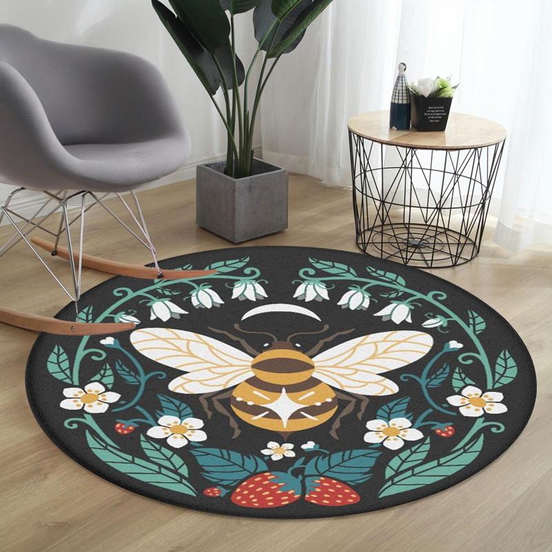 Bohemian Bee & Floral Round Rug Collection Non Slip Wear Resistant Soft Washable Living Room Bedroom Decor Rug