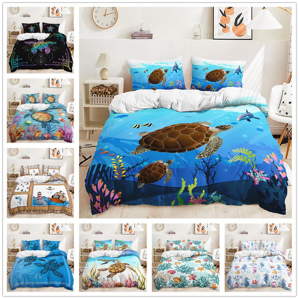 Three-Piece 3D Quilt Cover, Sea Turtle Marine Life Kit, Bedding