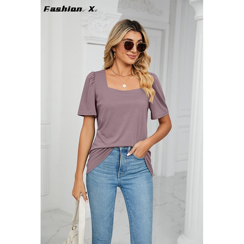 Весенне-летняя новая однотонная свободная футболка с квадратным вырезом и короткими рукавами, вязаные топы женские