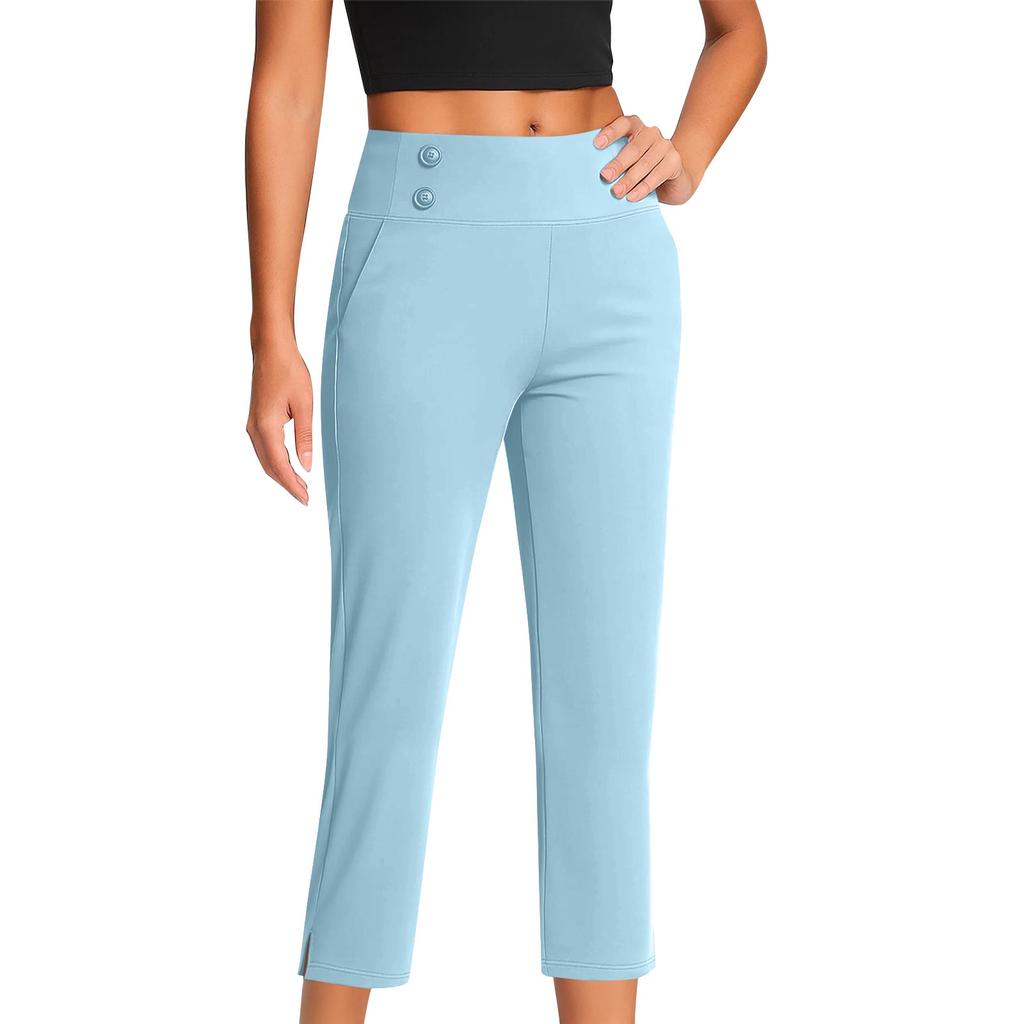 Women's Fashionable Solid Color Straight Leg Pants With High Waist Button Pockets And Elastic Waist Casual Pants