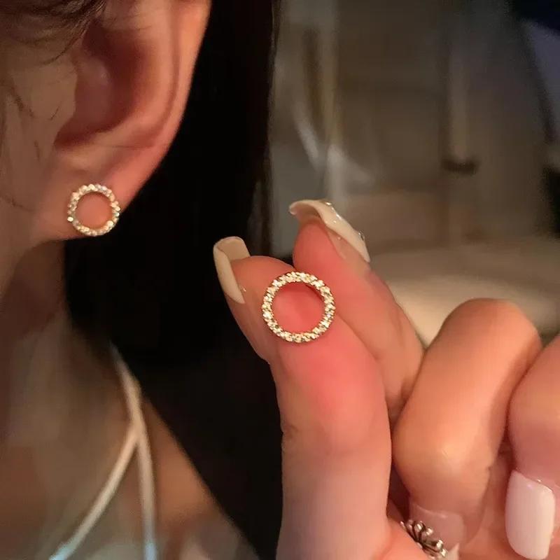 LATS Delicate Small Circle Stud Earrings for Women Gold Crystal Minimalist Summer Jewelry Party Accessories Gift