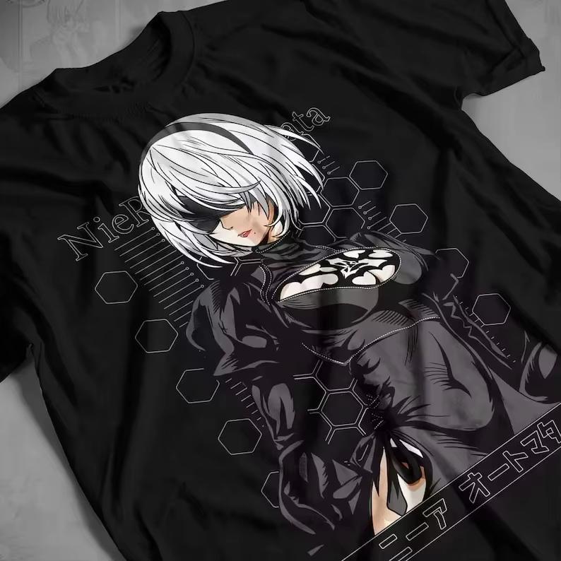 2026 Summer 2b Nier Automata Black Dress Hex Tech Japanese Kanji Print Plus Size Cotton Oversized Unisex Comfortable Hot Product