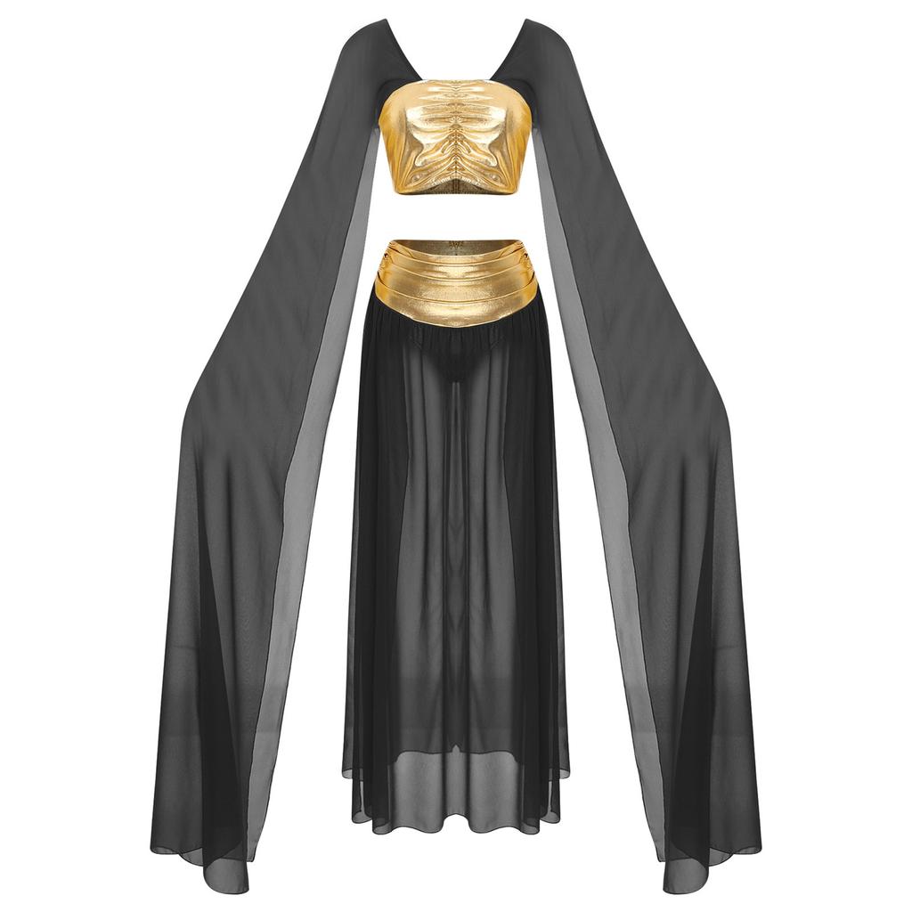 Womens Egyptian Cleopatra Costume Crop Top Split Chiffon Skirt Set Halloween Party Wear
