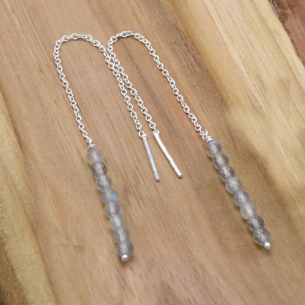 Labradorite 925 Silver Threader Earrings, Natural Gemstone Women Handmade Fringe Earrings