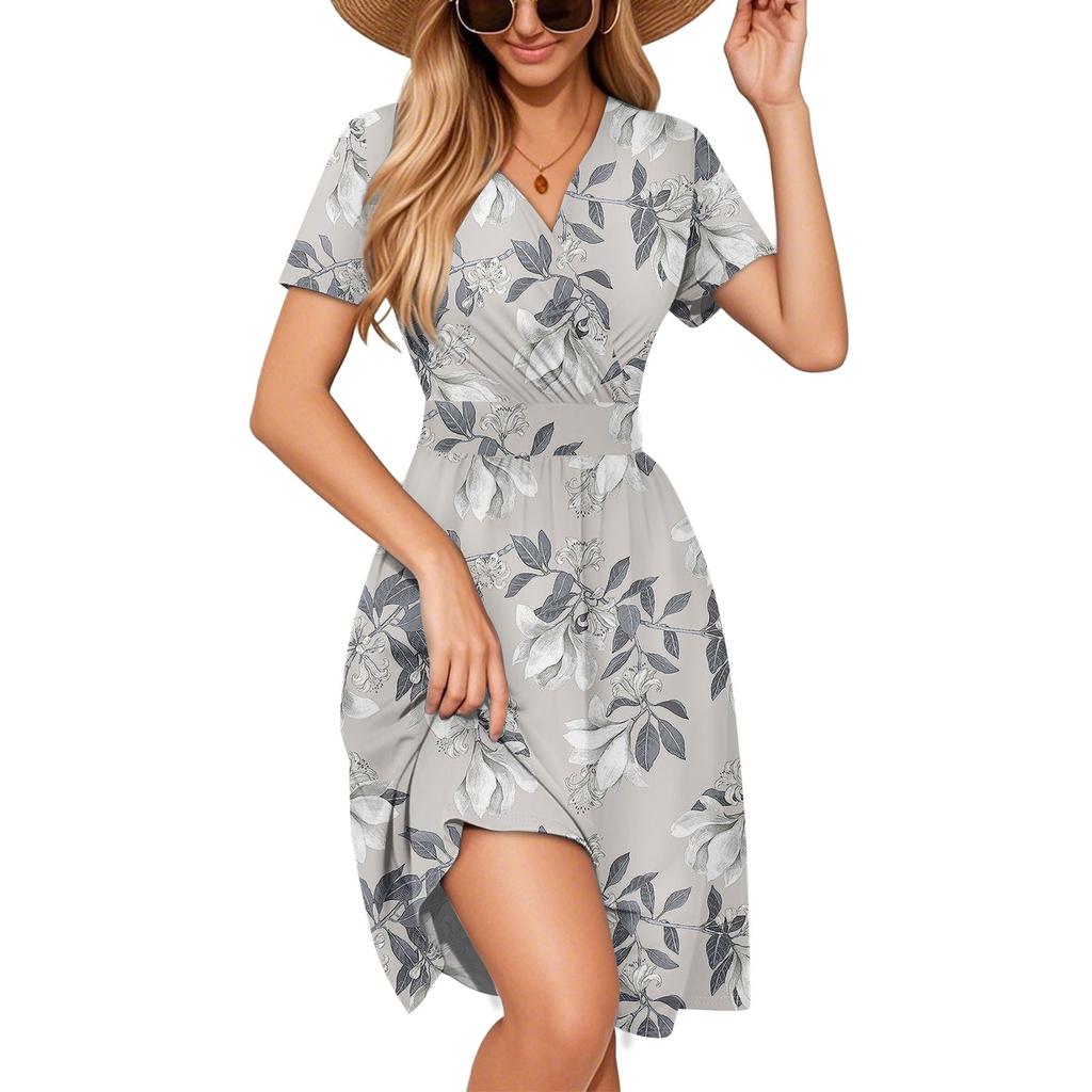 Элегантное и повседневное женское платье с красочным принтом, V-образным вырезом и короткими рукавами.