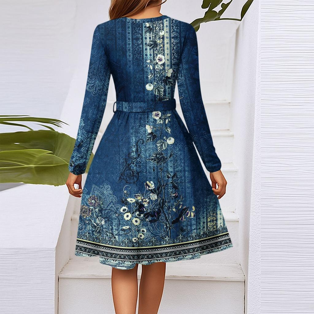 Women's Fashion Casual V-Neck Long Sleeve Waist Floral Print Midi Dress