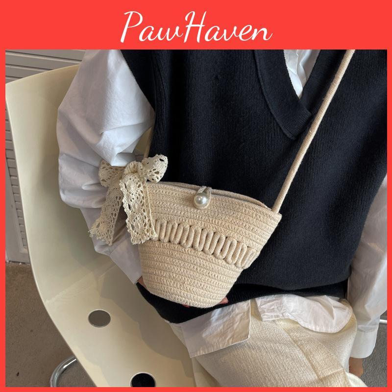 Solid Bow Decoration Color Children Woven Shoulder Bag For Summer Use Daily