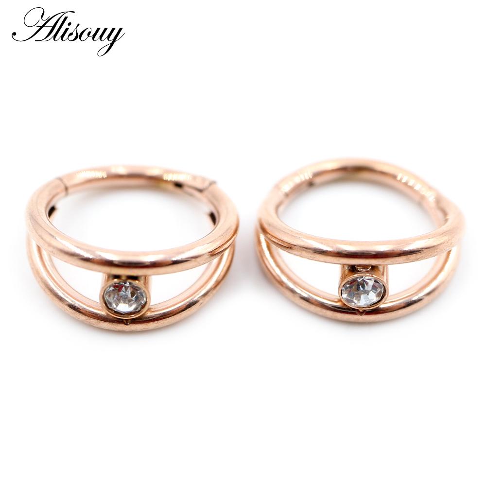 Alisouy 1pc Two Layers Zircon CZ Cartilage Earrings Stainless Steel Hinged Piercing Septum Clicker Nose Rings Hoop Segment Rings