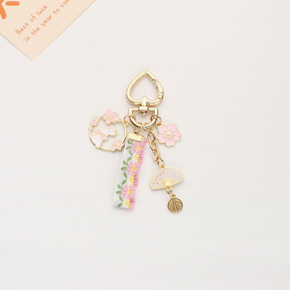 Sakura Pearl Fan Korean Style Pendant Women Backpack Decor Rabbit Keychain Floral Zinc Zinc Alloy Keyring