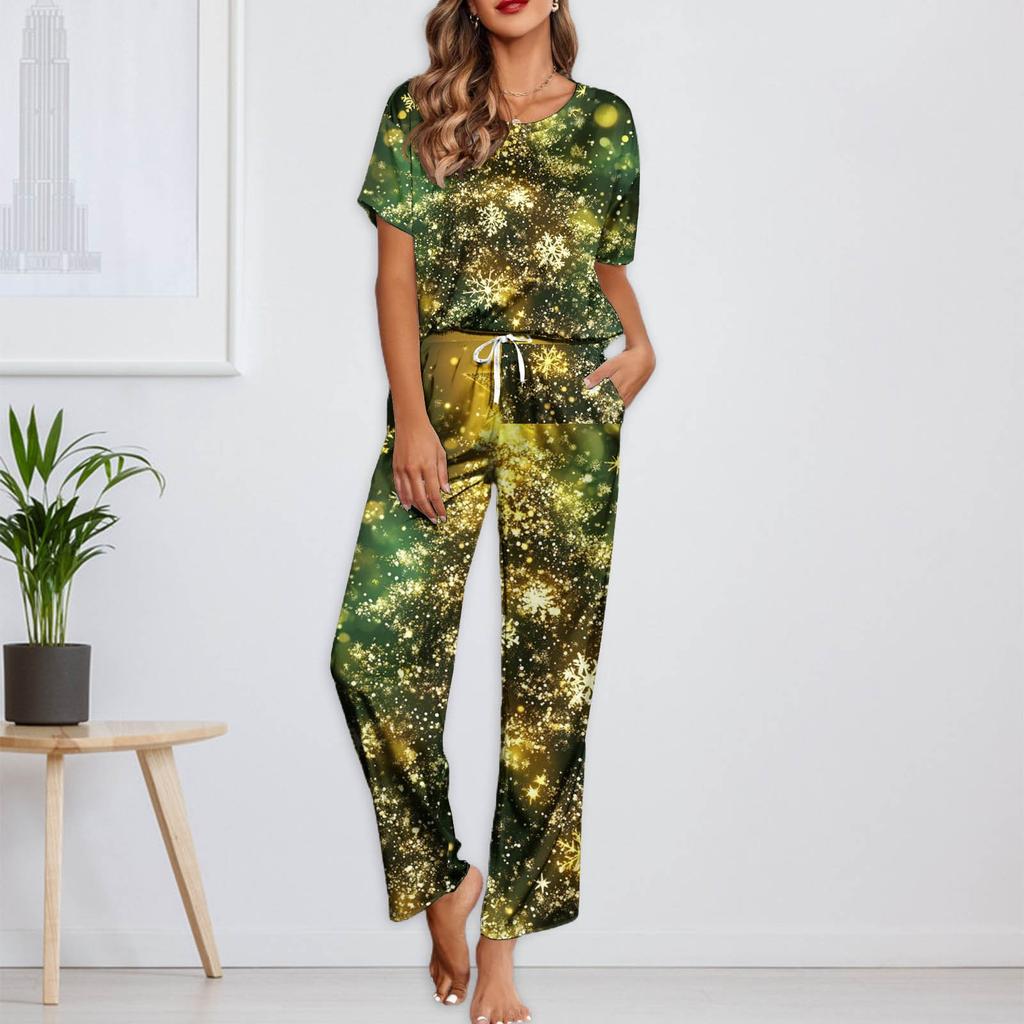 Женский шелковый атласный пижамный комплект с рождественским принтом, рубашка с коротким рукавом и длинные пижамные штаны, мягкая домашняя одежда