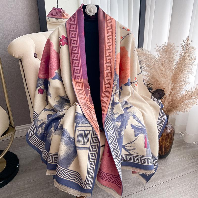 Autumn And Winter Imitation Cashmere Plum Blossom Retro Ink Style Texture Printing Double-Sided Warm Scarf Shawl