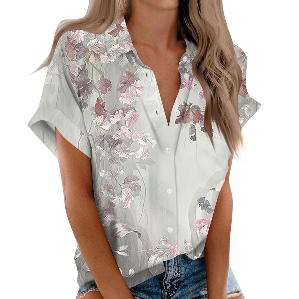 Women's Short Sleeved Shirt, Daily Fashion Printed Button Top, Chest Pocket Cardigan