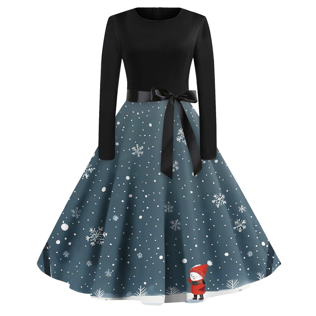 Women's Fashion Vintage Long Sleeve Round Neck Christmas Printed Evening Party Dresses Dresses