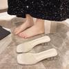 Summer Transparent High-heeled One-word Cool Slippers Women Wear Crystal Thick-heeled Sandals Versatile Semi-mop Commuting Versatile