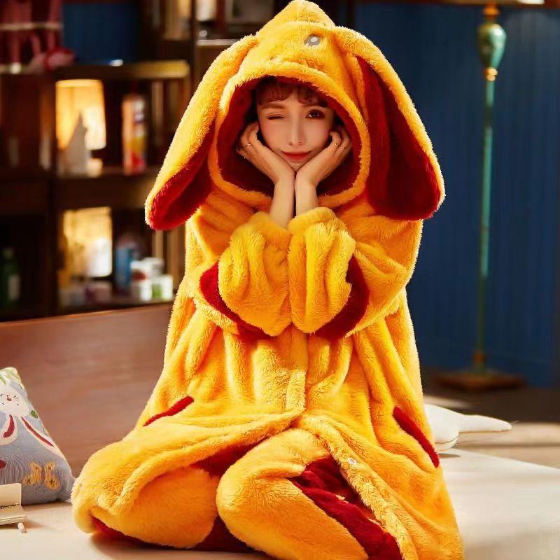 Пижама женская осень/зима фланелевая флисовая плотная ночная рубашка длинная милая коралловая флисовая домашняя одежда комплект можно носить на улице удобно