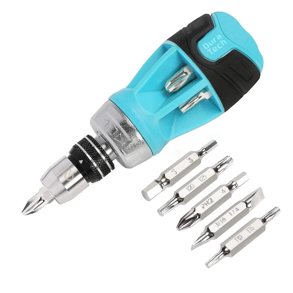 DURATECH Interchangeable Screwdriver Ratchet Quick Release Stubby Screwdriver Set, 12-in-1 Screwdriver, Type, 6-Bit Set,