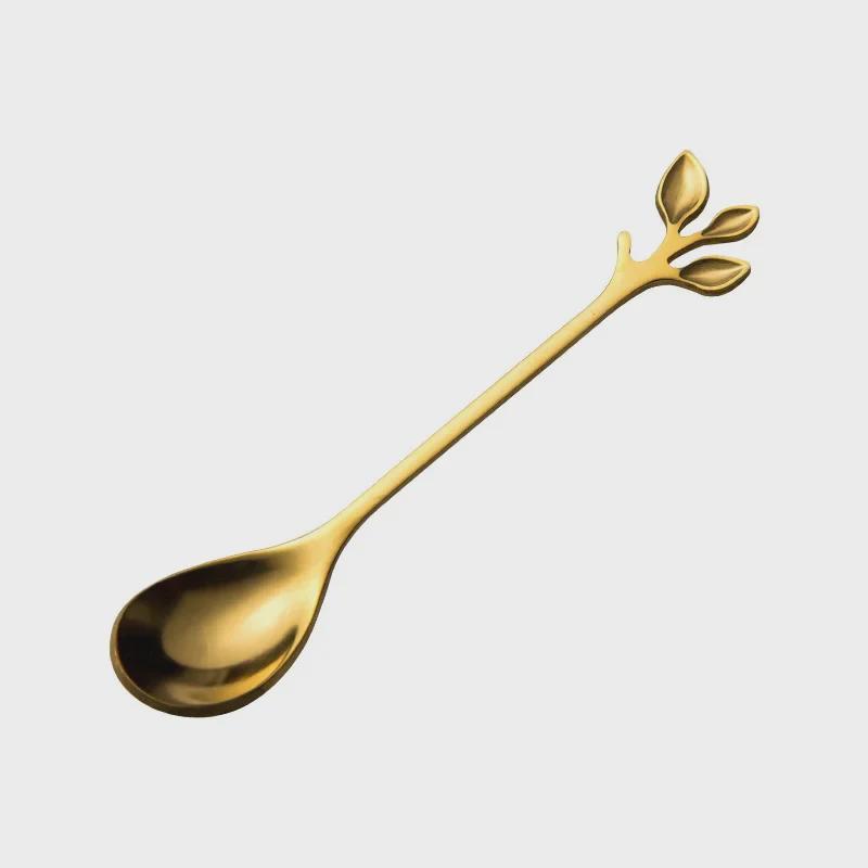 Набор ложек и вилок из нержавеющей стали Golden Leaf — маленькая кофейная, для помешивания, десертная ложка с креативной фруктовой вилкой