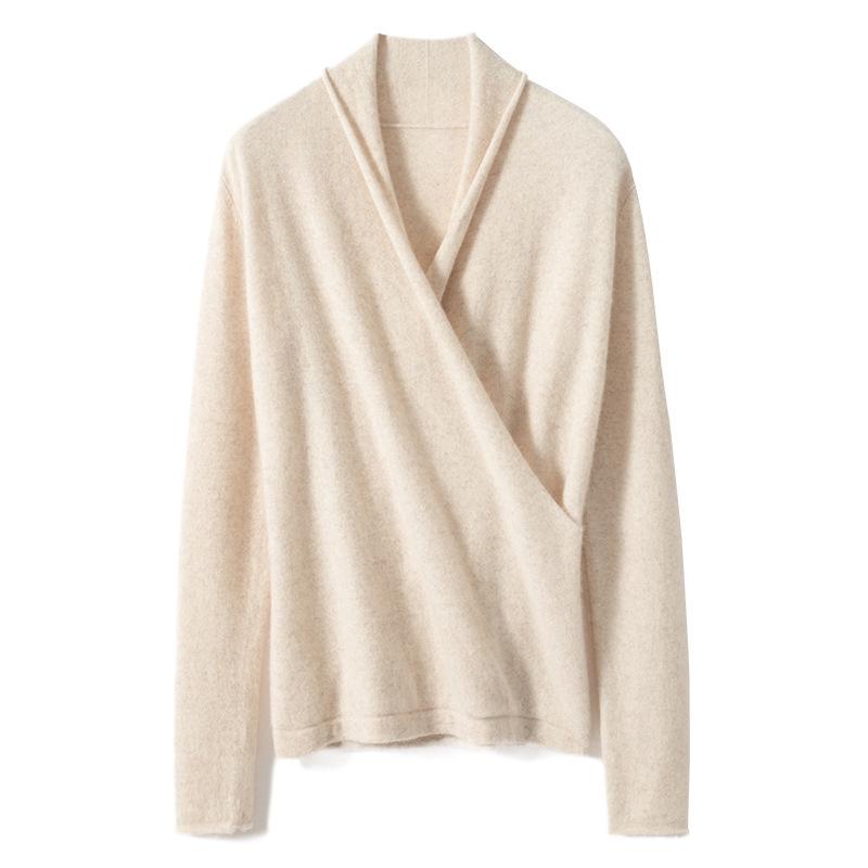 Elegant Slim-Fit Cross V-Neck Cashmere Knit Sweater - Women's Autumn Solid Color Pullover
