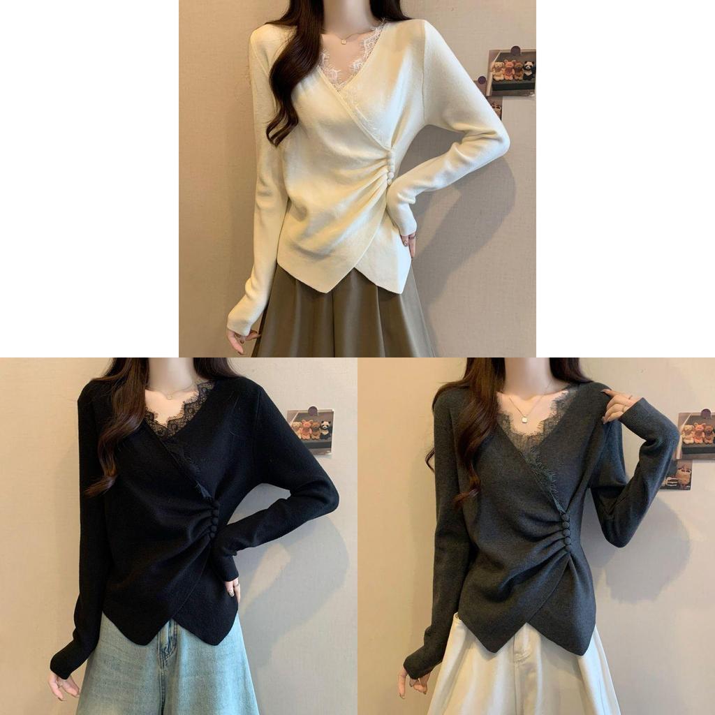 Casual T Shirt For Women With Lace Collage And Deep V Neck In Soft Fabric For Office Wear