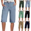 Женские летние льняные шорты - эластичный пояс, плиссированные карманы, повседневные капри