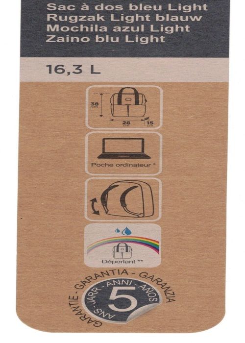 Sac à dos - Non spécifié - 16.3L - Bleu ciel - Tissu déperlant - 38x28x15cm