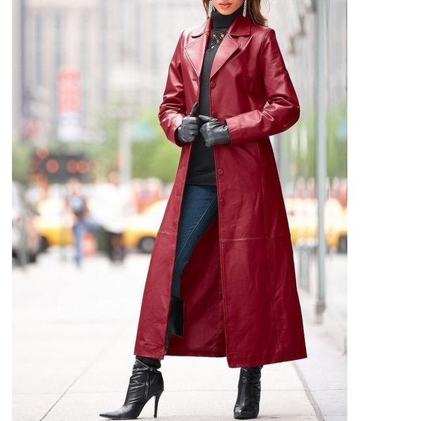 Women Fashion Long Leather Jacket Casual Loose Button Plain Long Raincoats Steampunk Jackets Gothic Lapel Jackets Biker Jacket