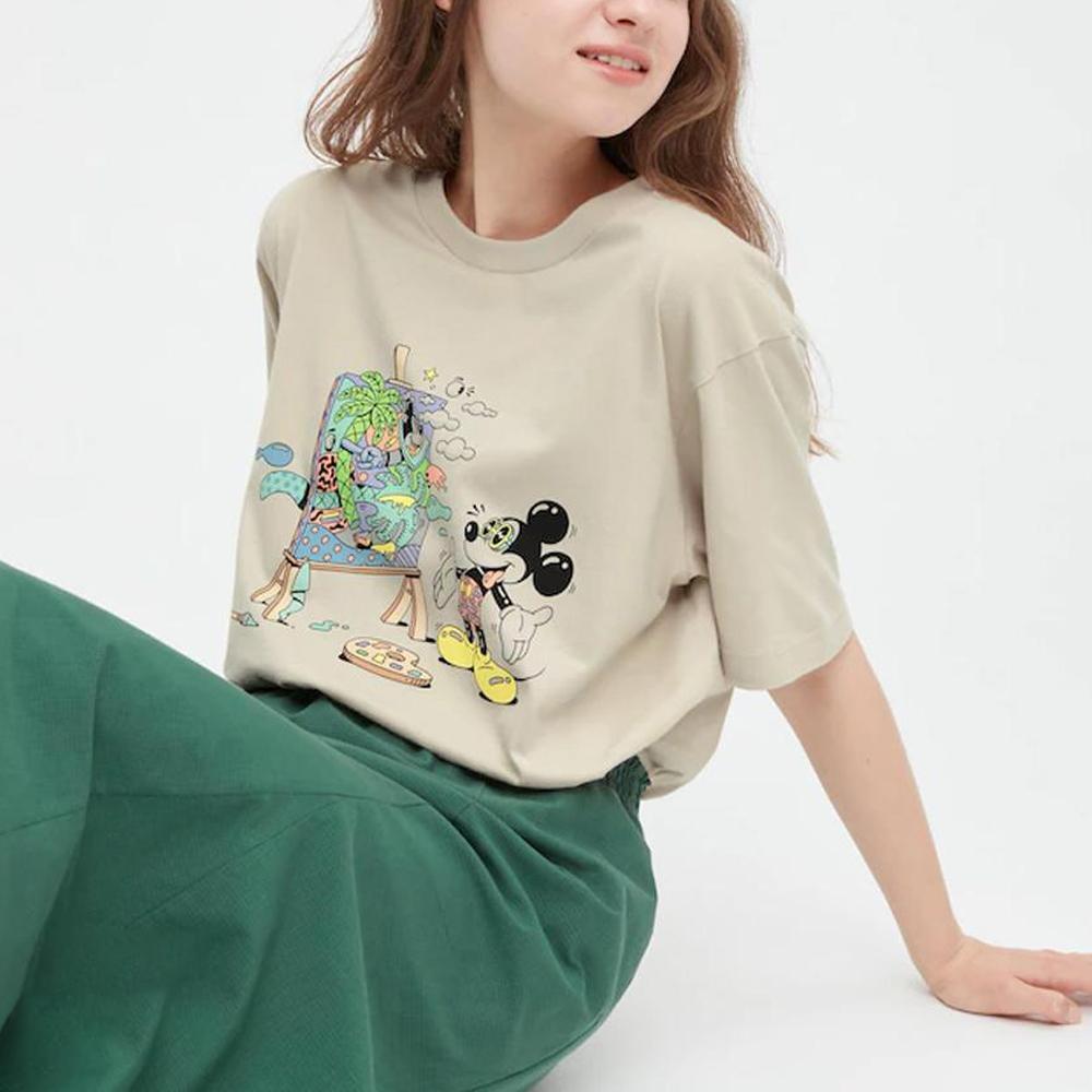 Uniqlo X Стивен Харрингтон Микки Мультяшный Принт Футболка с коротким рукавом Унисекс Топы Светло-бежевый 445593-30