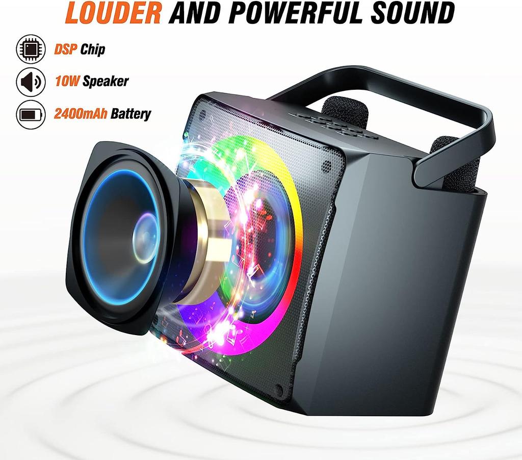 Караоке-машина, портативный динамик Bluetooth, светодиодная лампа для вечеринок с 2 беспроводными микрофонами для караоке — подарок на день рождения, семья, вечеринка, встреча, поддержка USB.