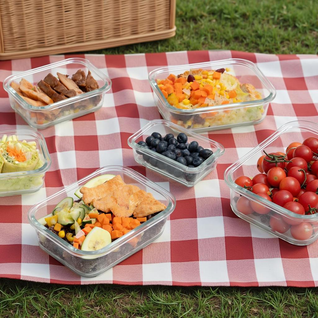 S SALIENT Glass Storage and Microwave Set of Gray Heat-Resistant Containers, Airtight, Tupperware, Make-Ahead, Rectangular, Oven, Dishwasher, Safe, 6,