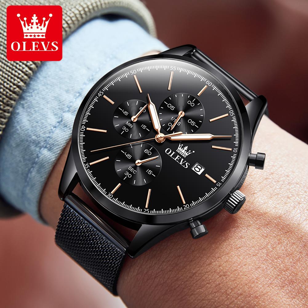 OLEVS Brand Mesh Quartz Multi functional Three eye Six pin Men's Watch 2881