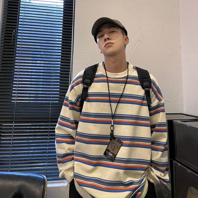 Мужской модный пуловер в полоску с цветными блоками - повседневная толстовка свободного кроя с круглым вырезом для весны и осени.