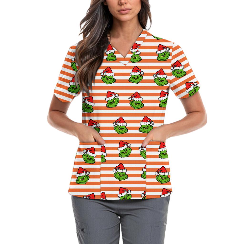 Женская милая блузка с принтом бантиков, рабочая одежда, V-образный вырез, двойной слой, карманы, базовая, с коротким рукавом, пуловер