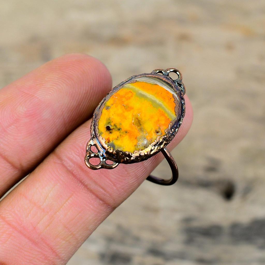 Кольцо из яшмы шмеля, гальванопластичное медное кольцо, регулируемые кольца, кольцо с драгоценным камнем, гальваническое ювелирное изделие, подарок для мамы, кольцо с камнем ручной работы