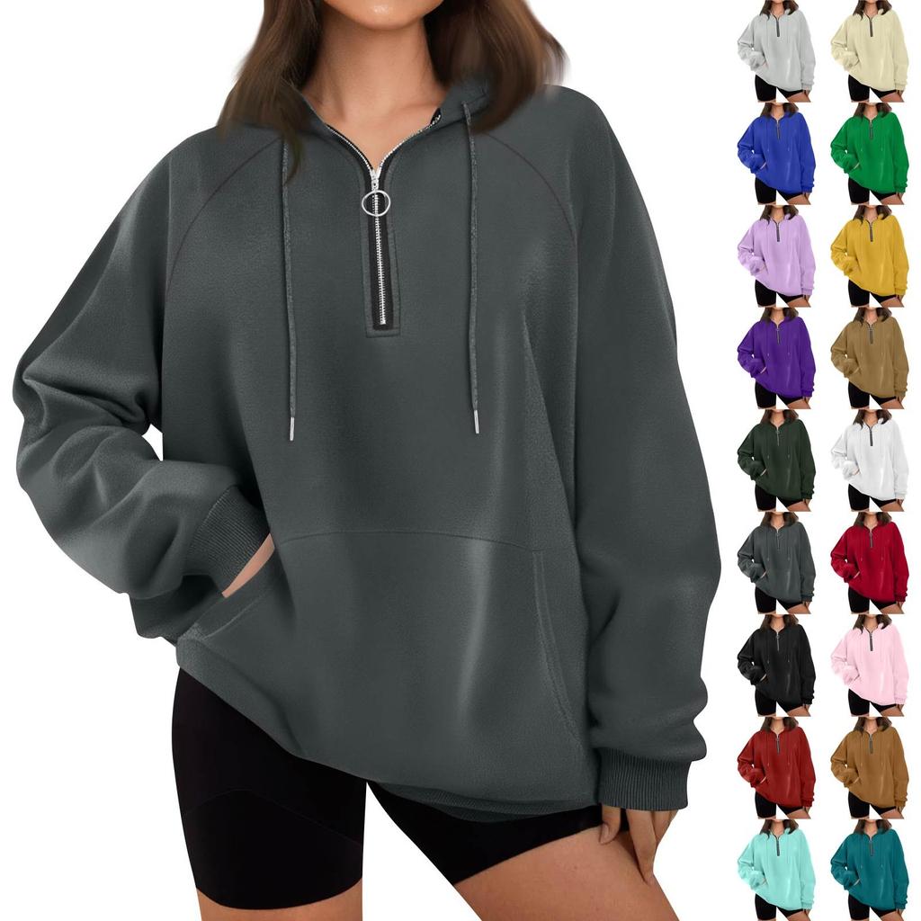 Women's Casual Fashion Long Sleeve Solid Color Zip Hooded Sweatshirt Top With Pocket