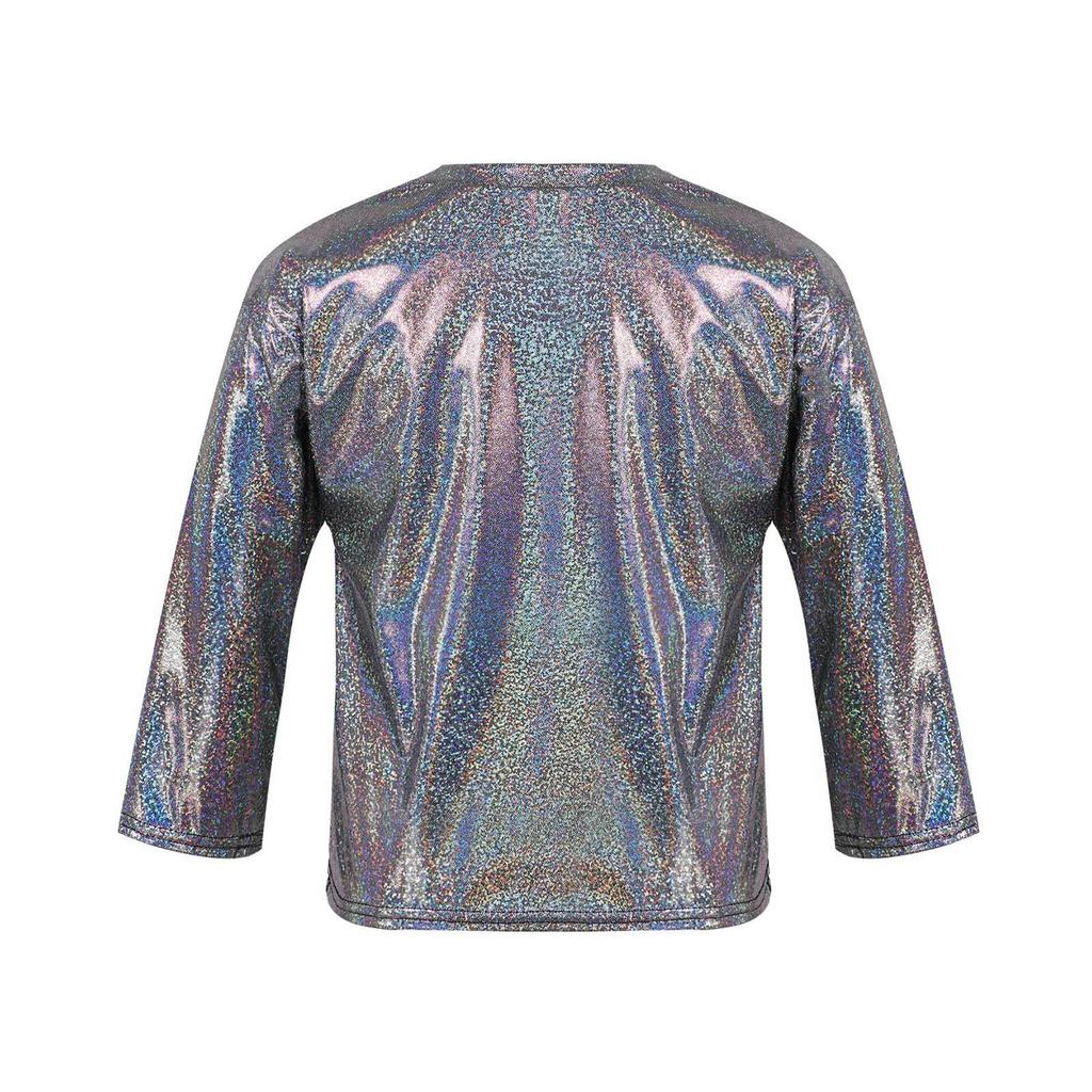 Unisex Kids Metallic Bronzing Cloth Tshirt Long Sleeve Loose Fit Round Neck Top for Parties Performances