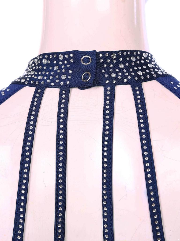 Женский прозрачный сетчатый купальник с воротником-стойкой, рукавами-фонариками, открытой спиной и сверкающими стразами, одежда для танцев