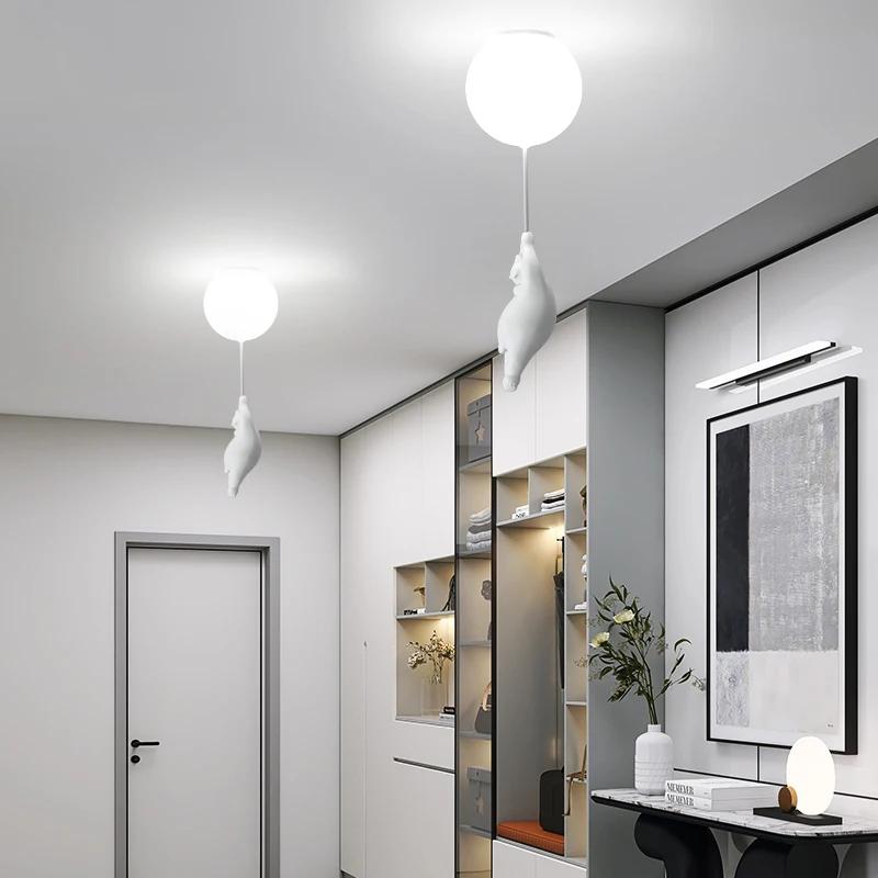 Современная подвесная люстра в виде белого медведя, креативный Майк, белый стеклянный шар из смолы, для дома, для детей, для детского сада, подвесная светодиодная лампа